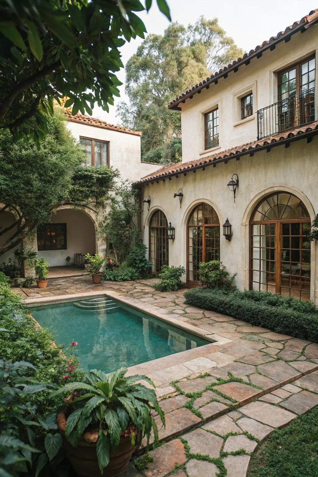 Elegant curves beautifully frame the views in this Spanish-inspired backyard haven.