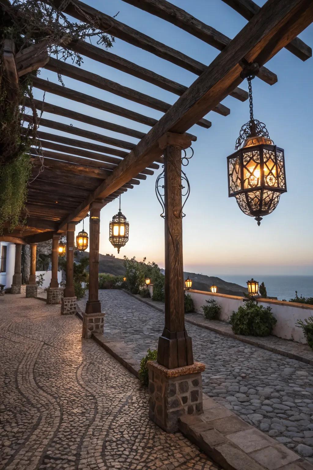 The pergola design gains refinement from the wrought iron details.