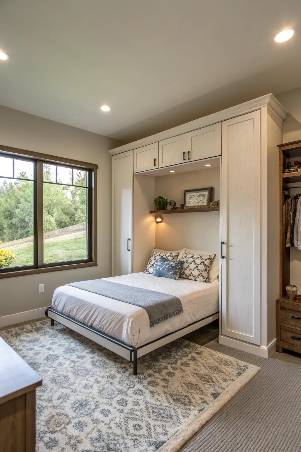 A murphy bed maximizes space while offering guest comfort.