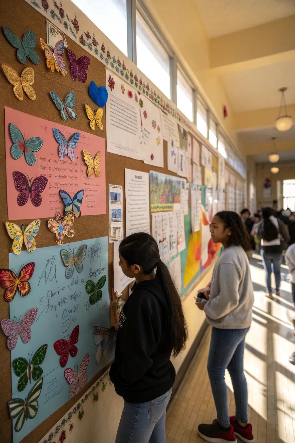 A bulletin board showcasing colorful butterflies and motivational quotes about change.