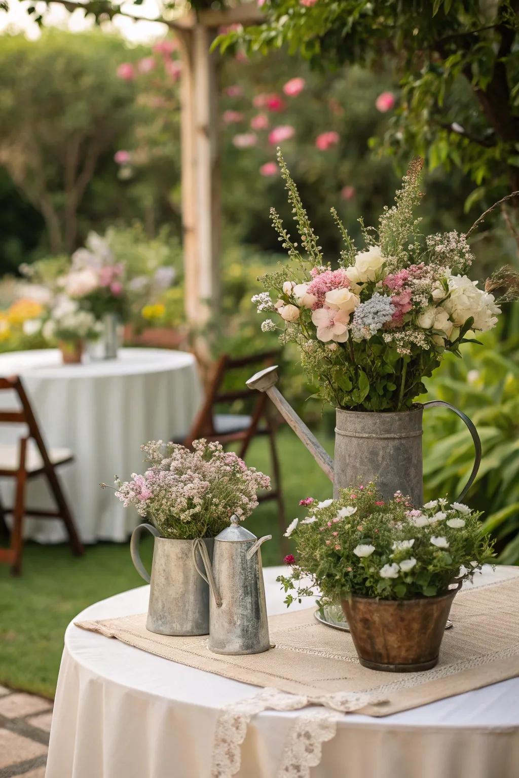 Add a touch of whimsy with floral centerpieces in vintage containers.