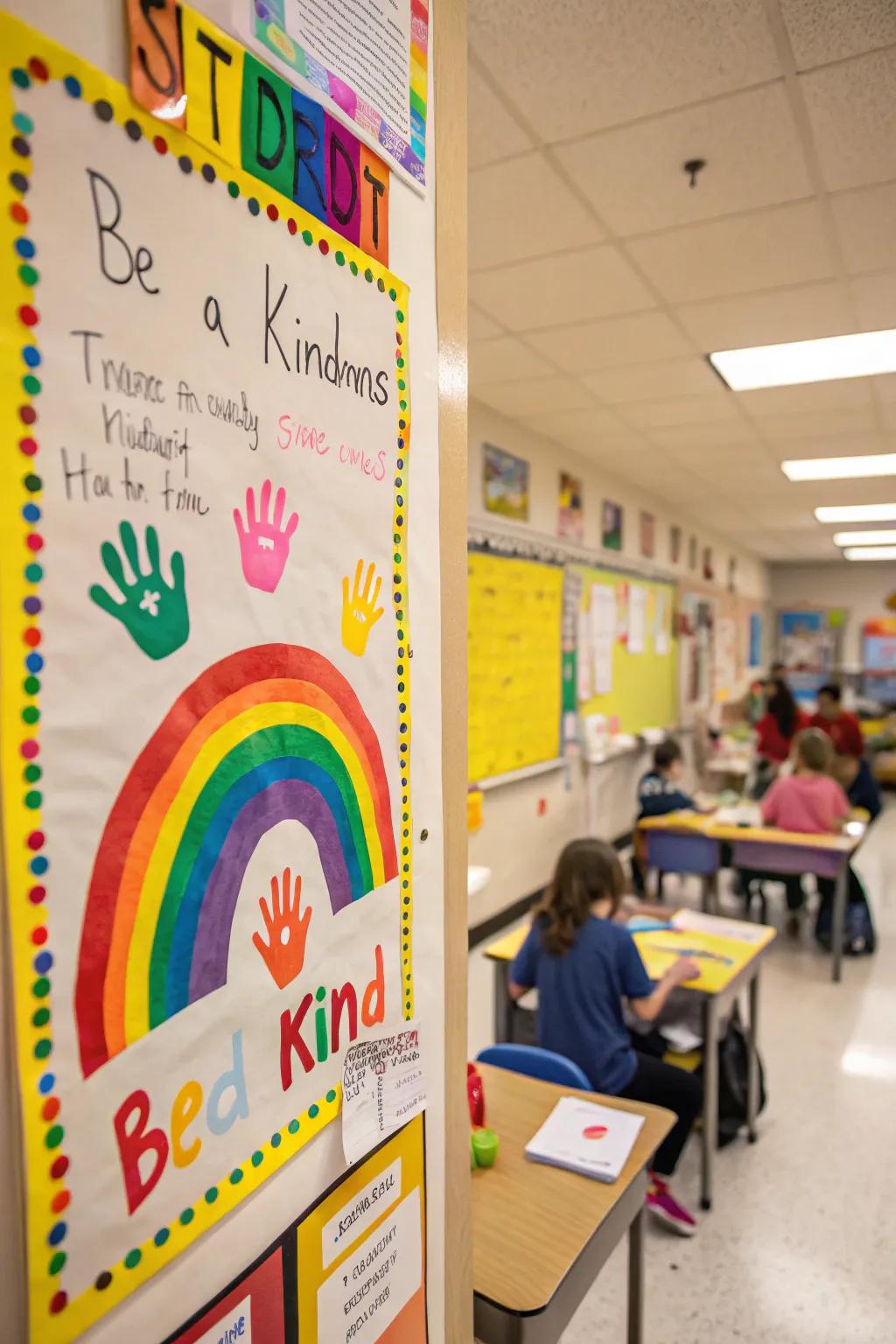 A rainbow of kindness crafted by students' handprints.