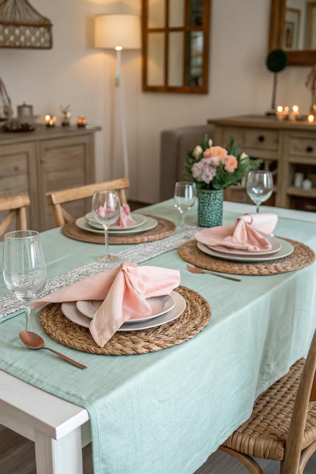 Pastel shades combine to conjure a serene spring dining ambiance.