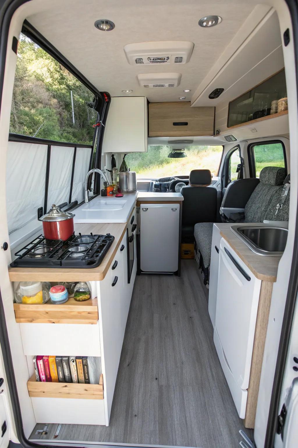 A smartly arranged small kitchen in a van.
