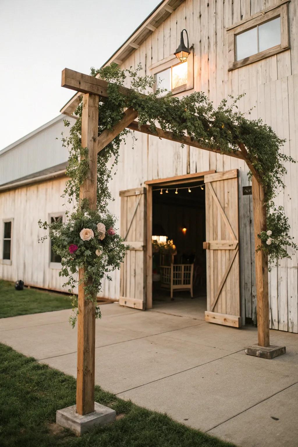 A rustic timber square arch delivering a comfortable, appealing ceremony scene.