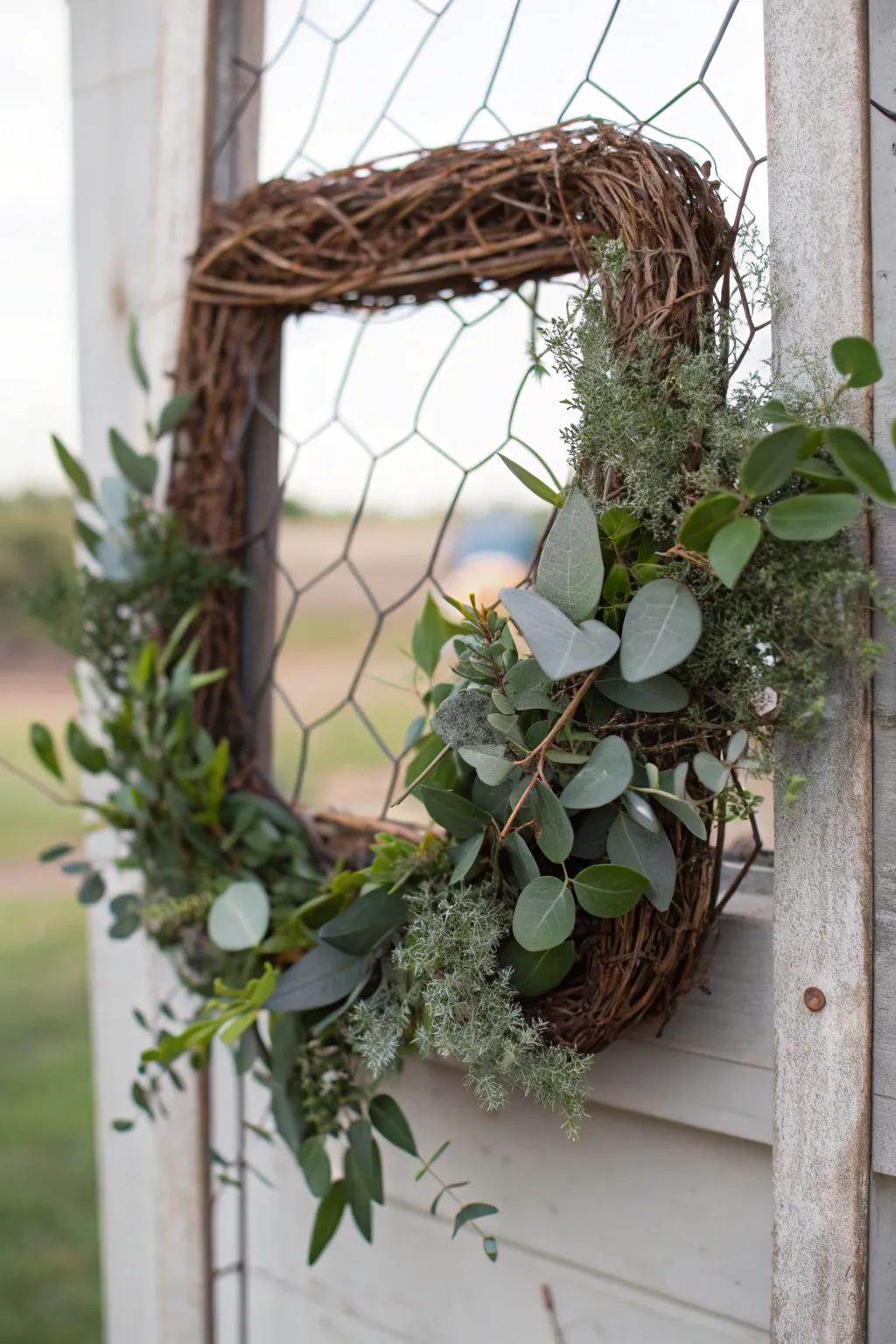 Embrace country charm with a grapevine and wire netting square wreath.