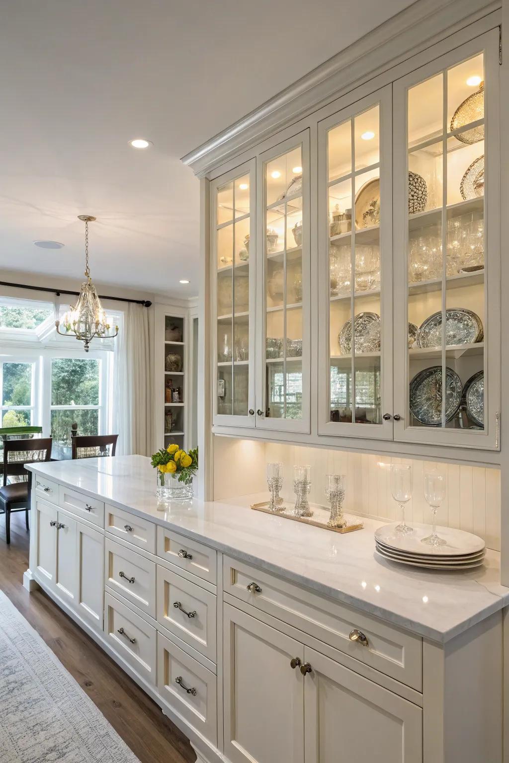 Glass-fronted cabinets foster a welcoming atmosphere by showing off stunning dinnerware.