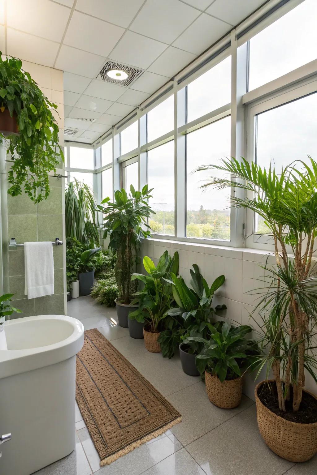 Lush greenery adds a refreshing element to this staff bathroom.