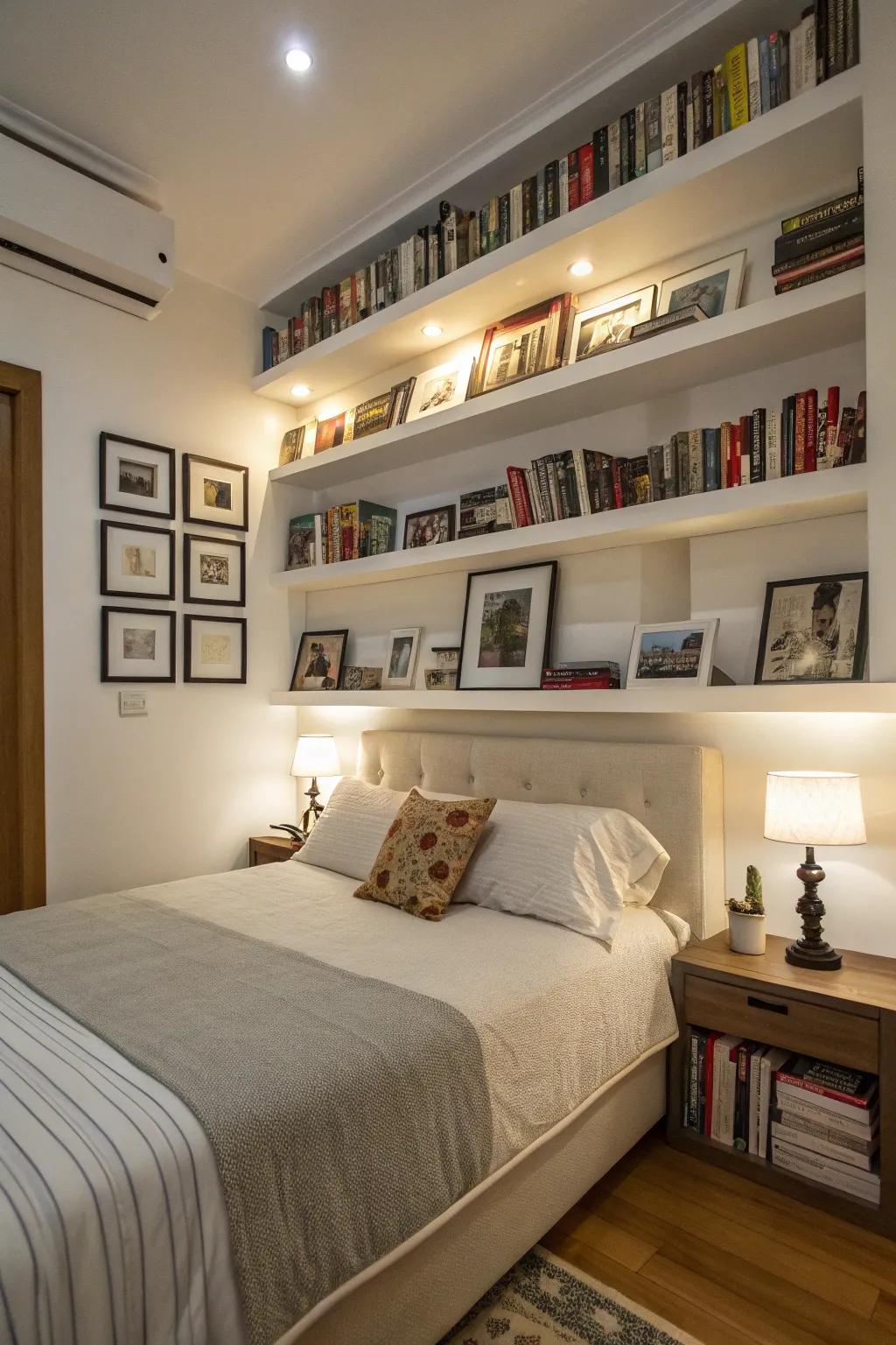 A bedroom brimming with personality, courtesy of tiered shelving.
