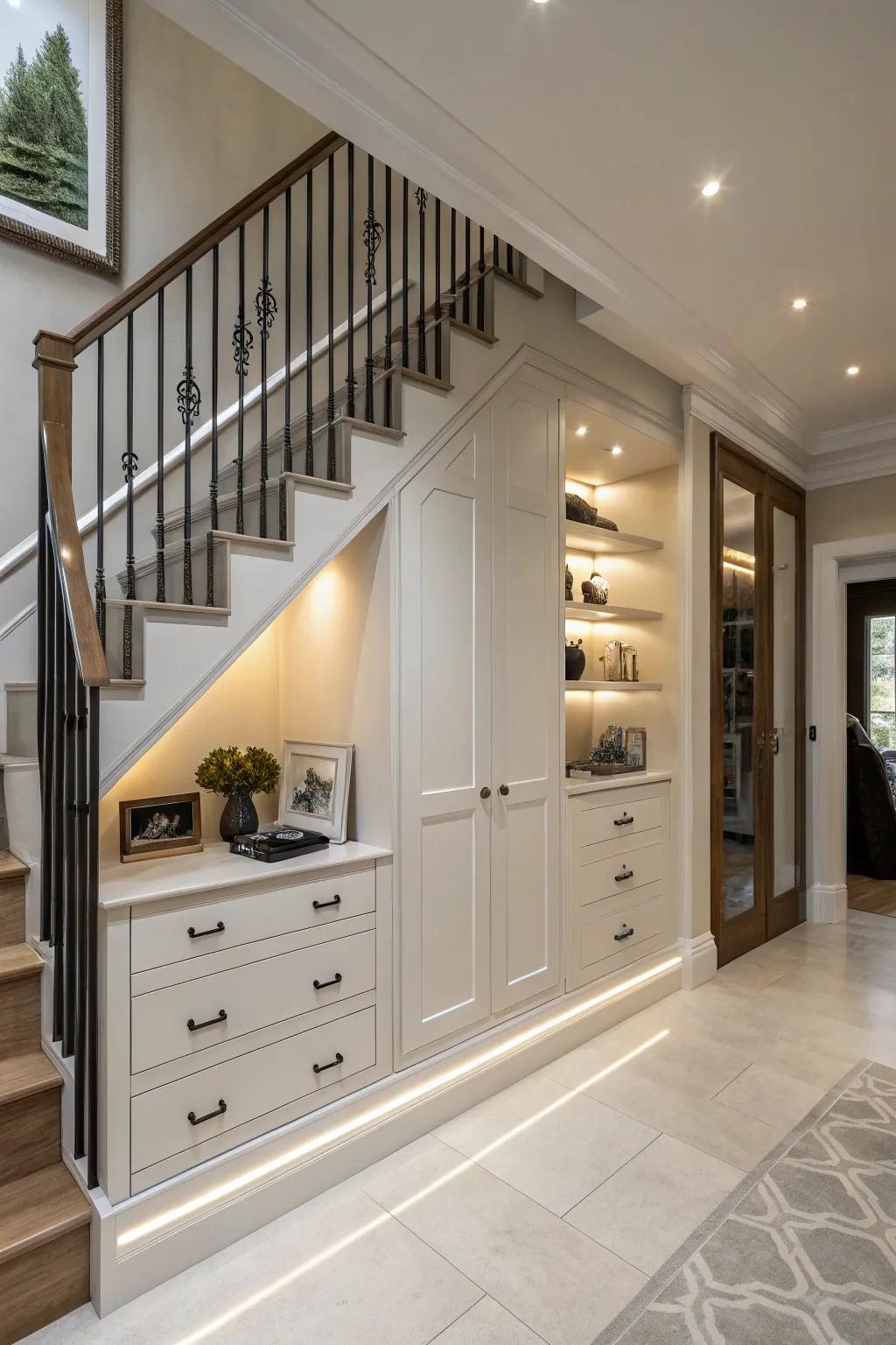 Maintain a clutter-free environment with custom integrated storage beneath your staircase.