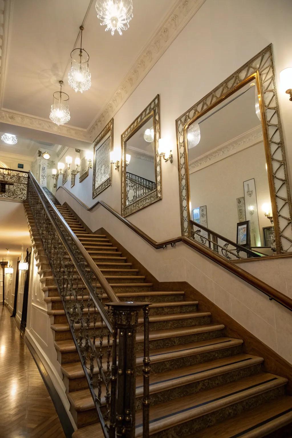Utilize mirrors to brighten up and expand your staircase’s visual space.