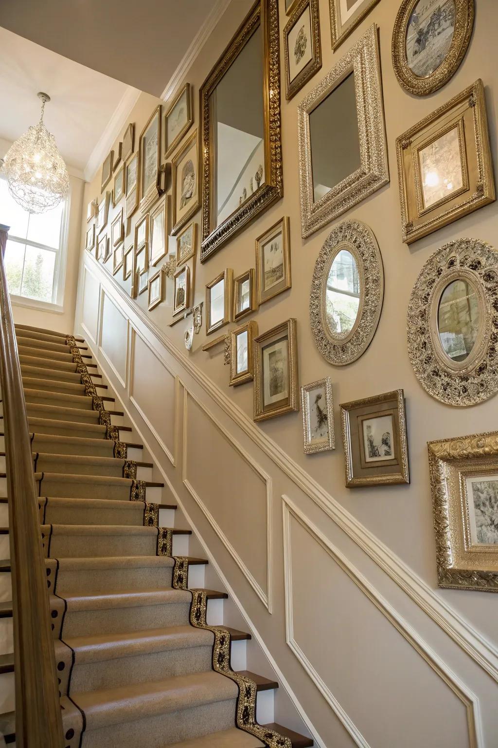 Mirrors enhance the stairway wall with elegance and visual depth.