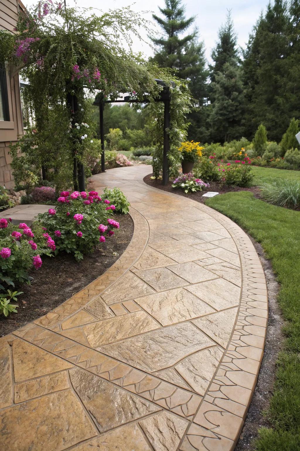 Earthy hues achieve a harmonious mix with the outdoors along this garden path.