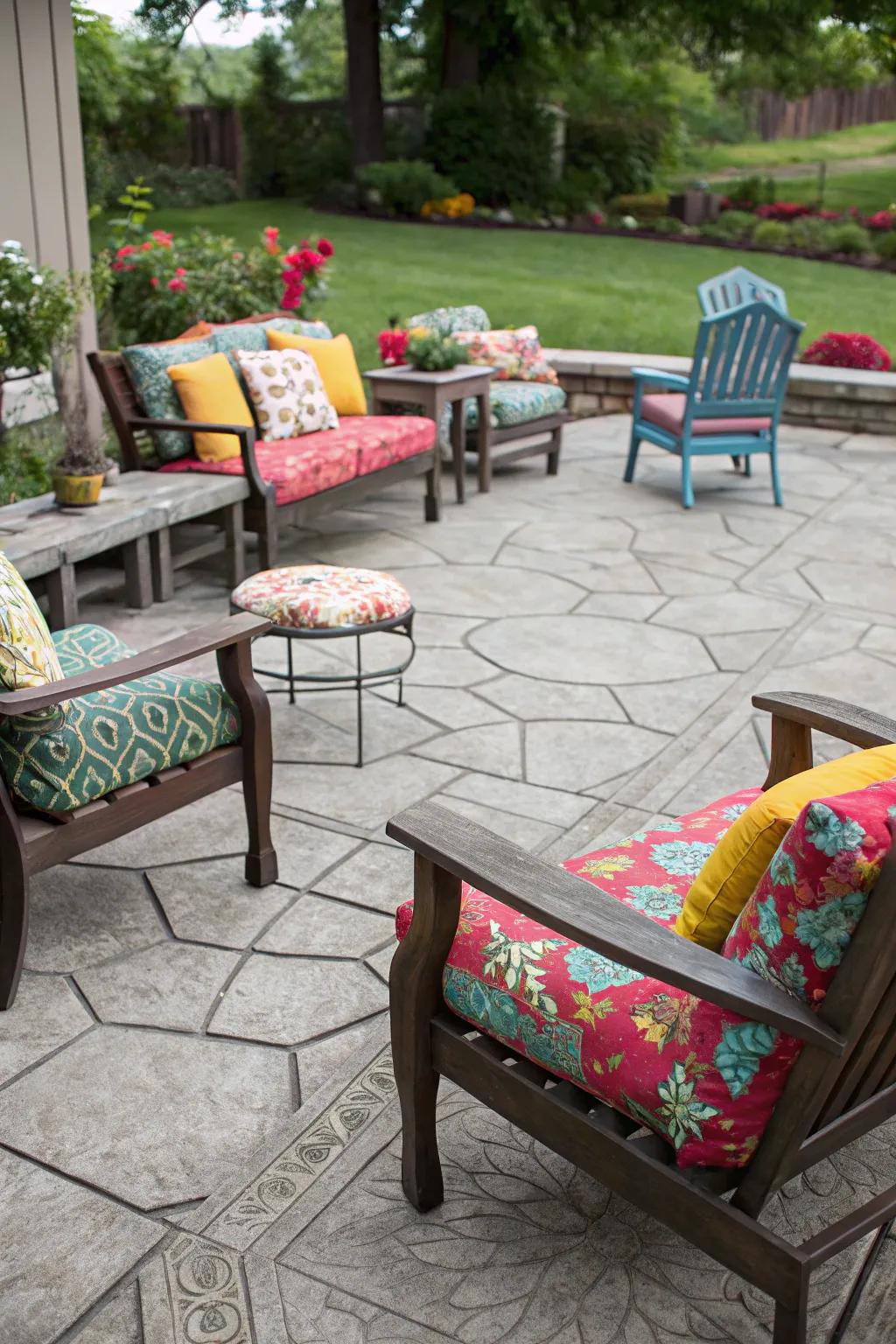 Delightful outdoor seating arrangements on a stamped concrete patio.