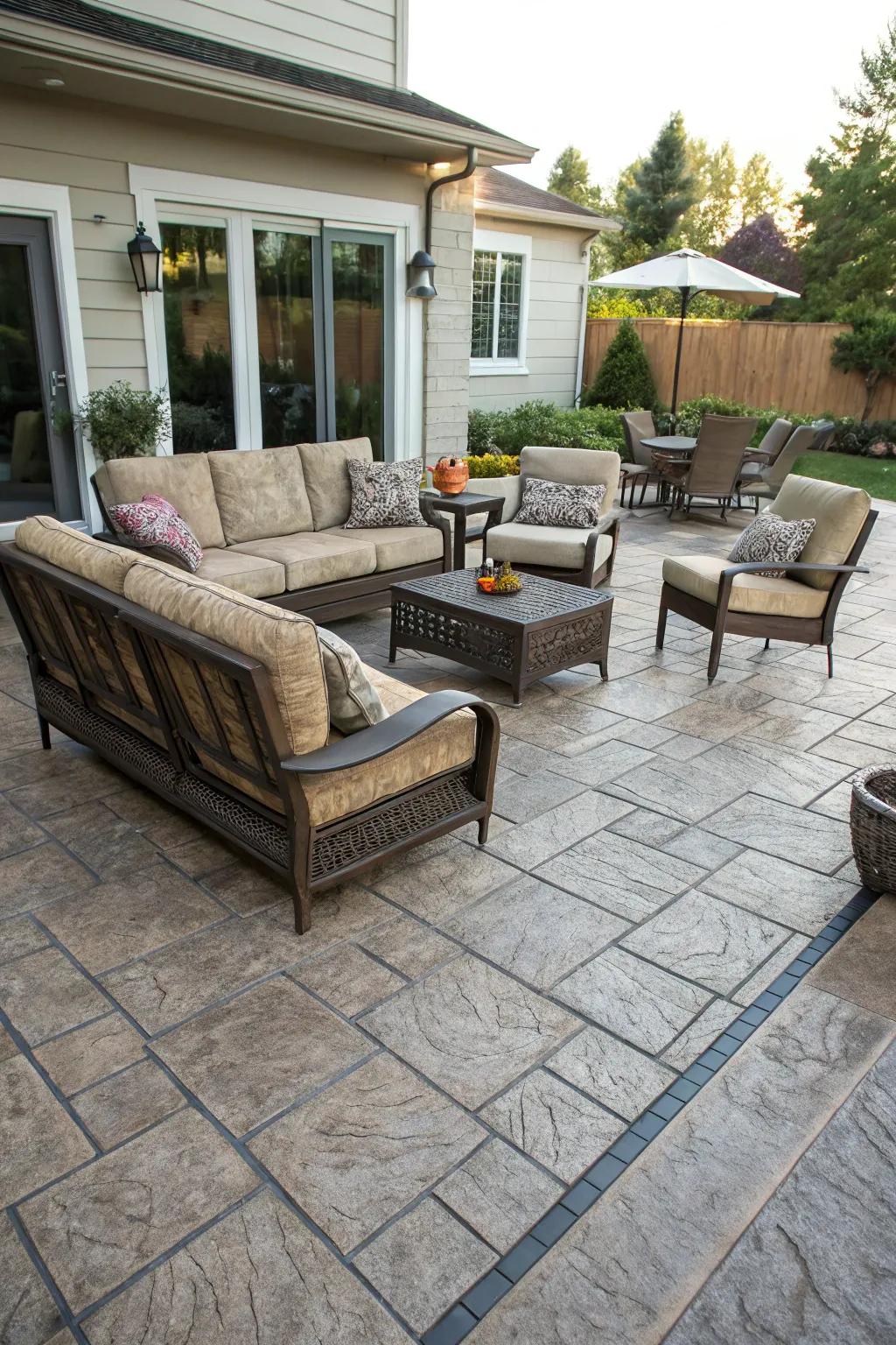 A stamped concrete patio with diverse seating options for ultimate relaxation.