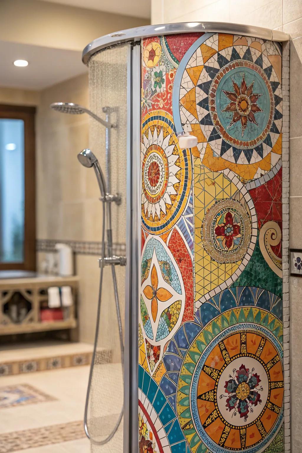 Vibrant mosaic tiles create an eye-catching and artistic focal point in a standup shower.