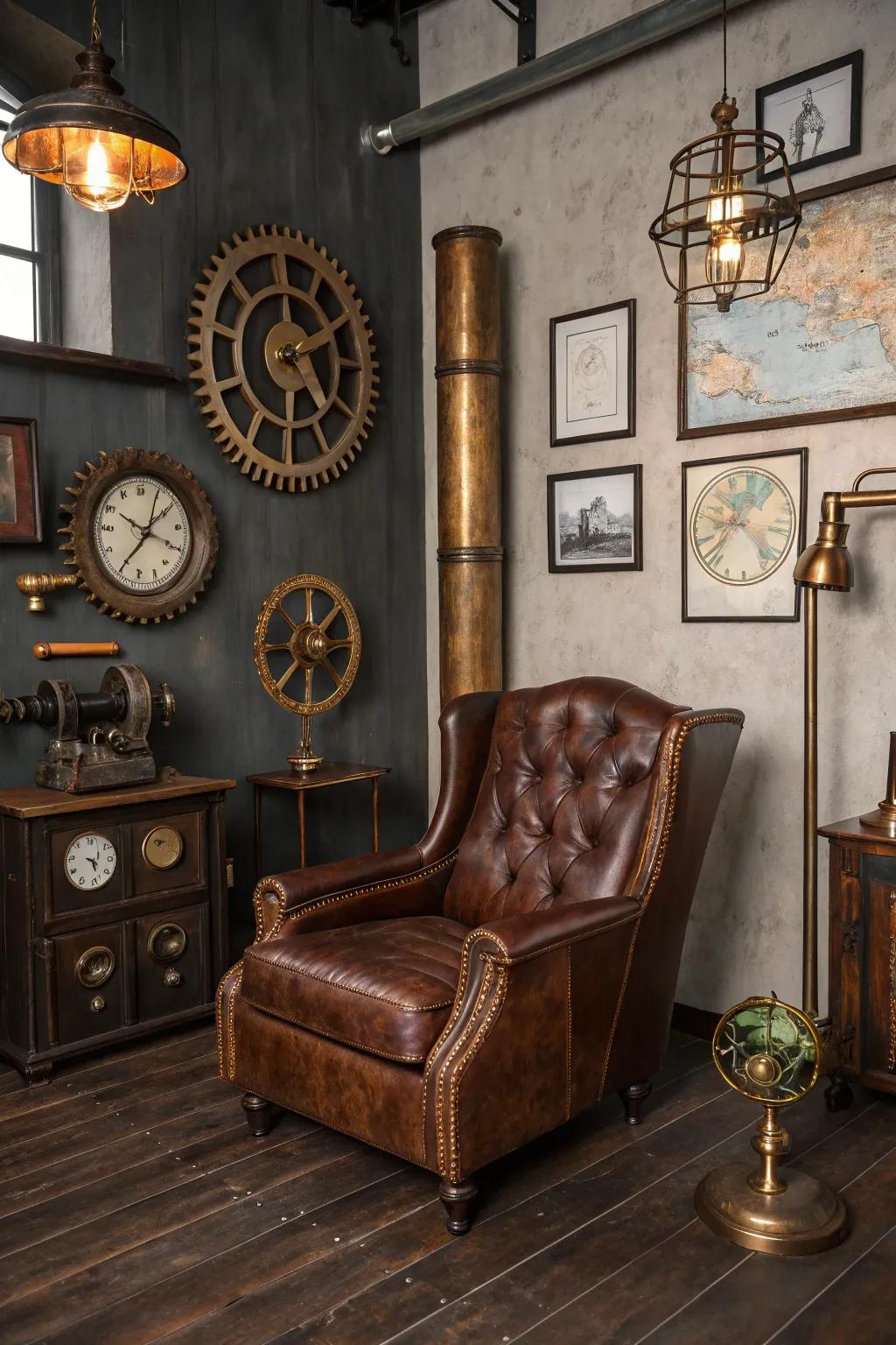 A vintage animal hide lounge chair delivers a sense of history and comfort to a steampunk area.