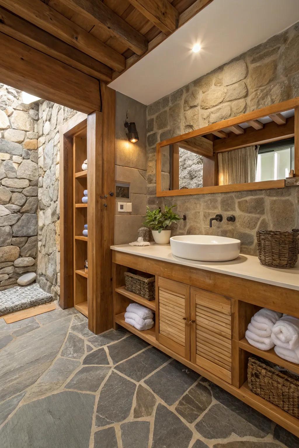 A bathroom highlighting a harmony of stone and wood aspects with wooden shelves and stone tiled flooring.