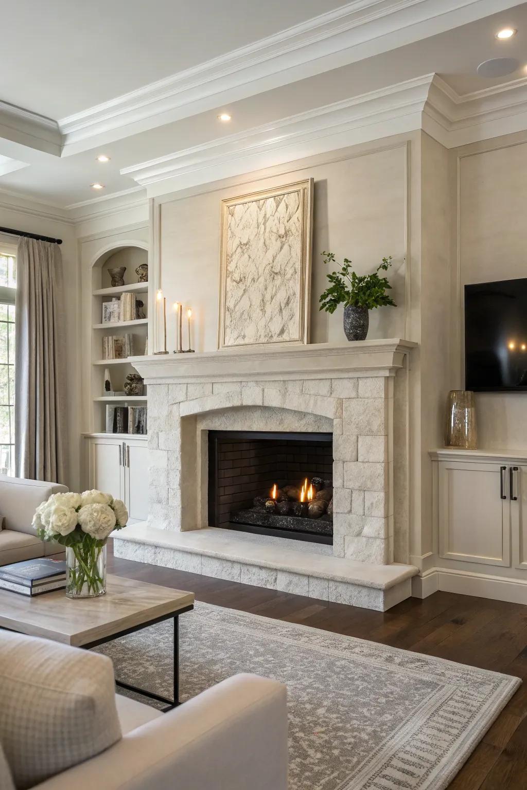 A modern space featuring a minimalist stone fireplace and mantel, highlighting sleek lines.