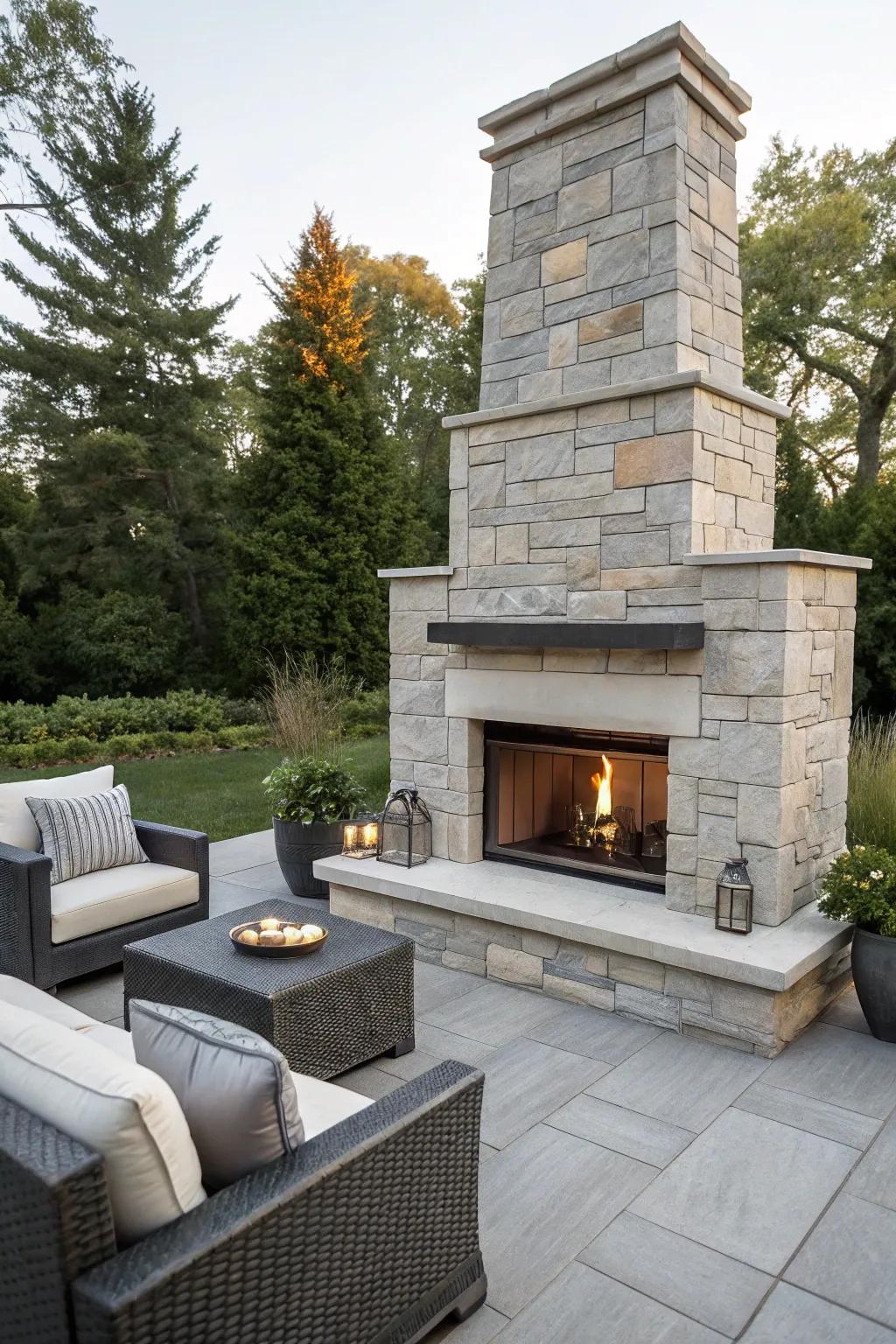 Modern sophistication with a flat stone fireplace.