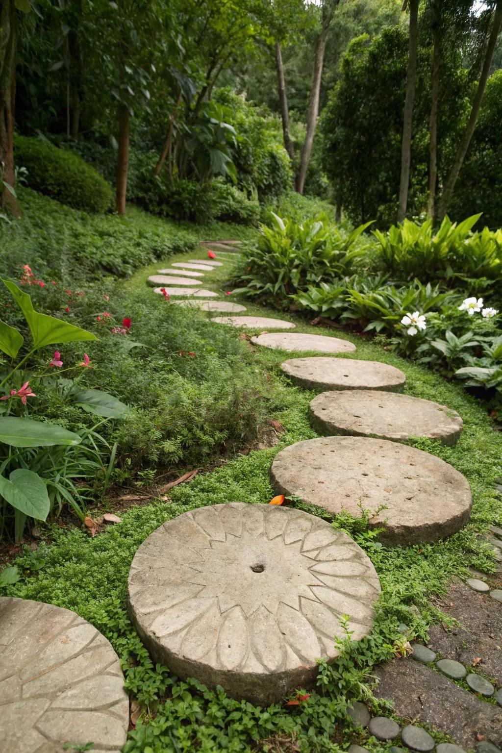 Rounded stepping stones fashion a whimsical motif in your garden.