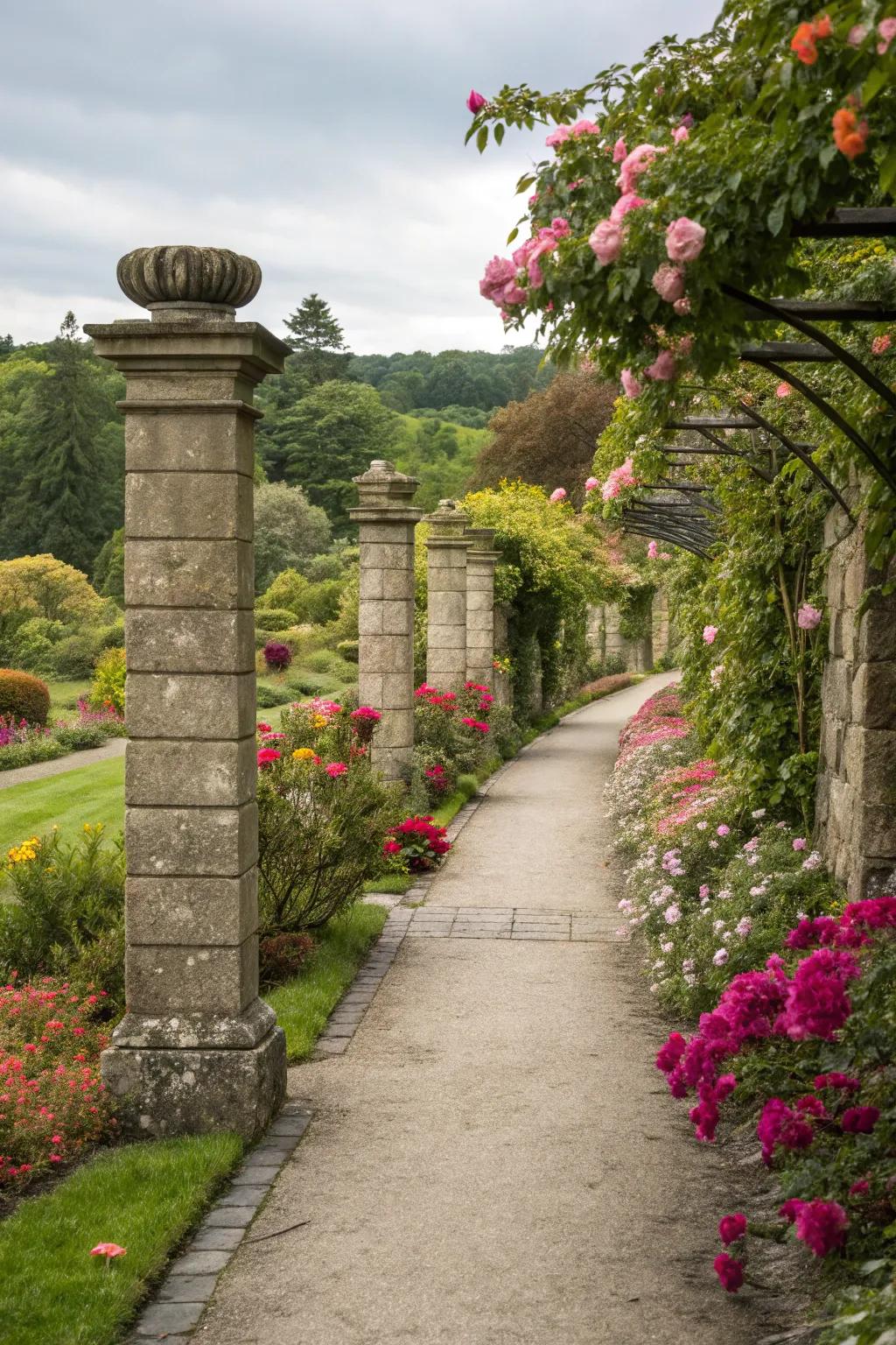 Design a captivating garden adventure with rock columns.