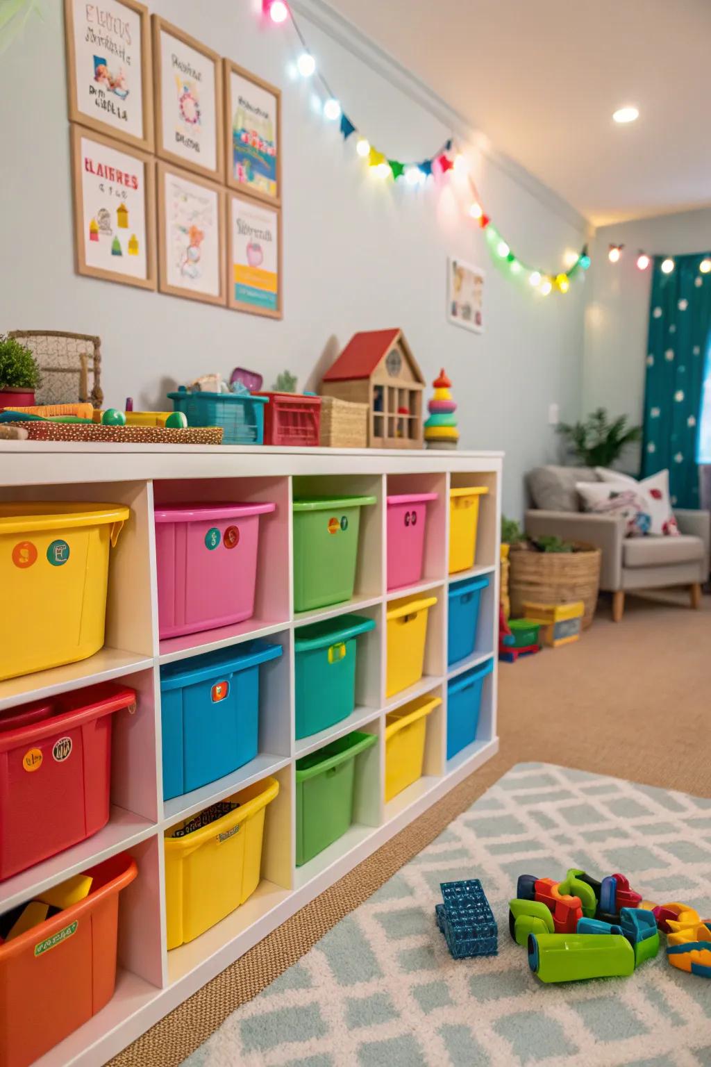 Color-coded bins make tidying up toys a joyful activity for children.