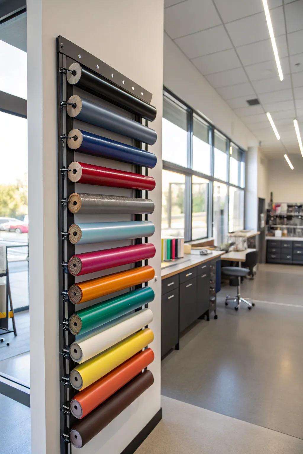 Racks attached to walls efficiently utilize vertical space.