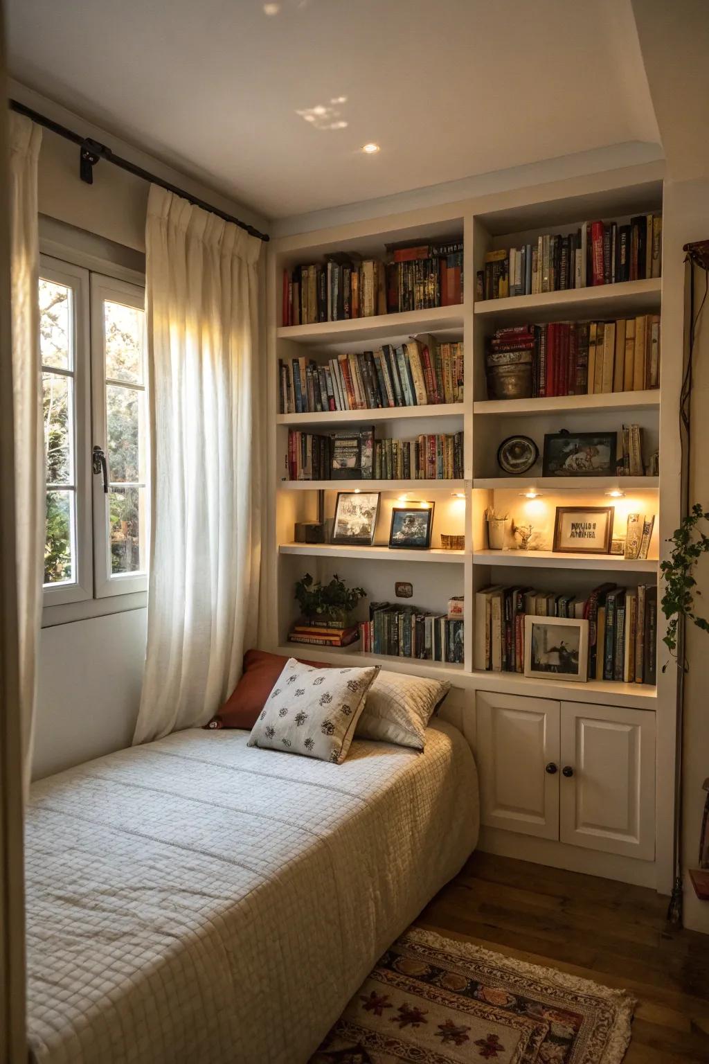 Integrated shelving adds charm and practicality.