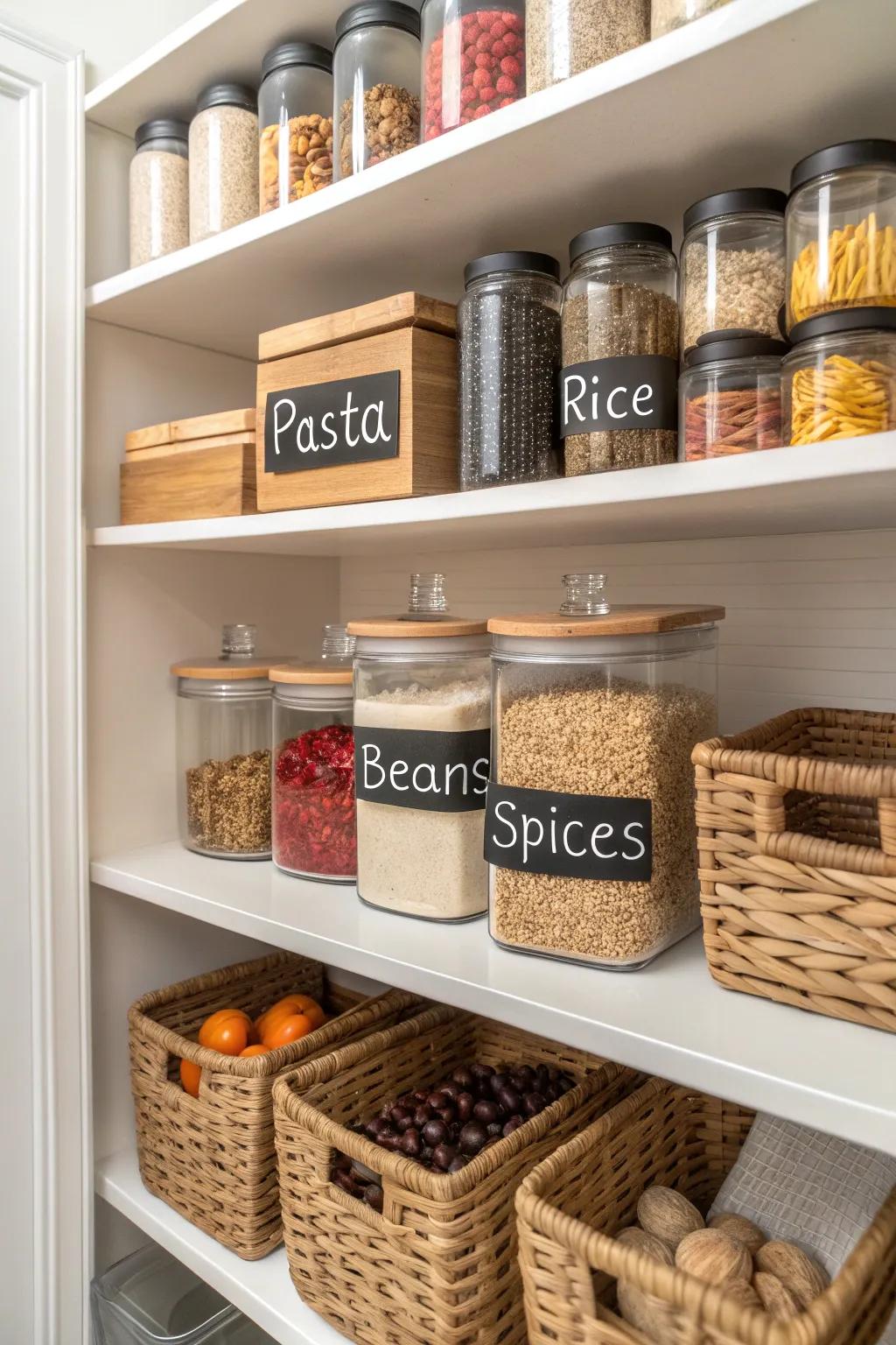 A well-organized pantry with containers and baskets that are labeled.