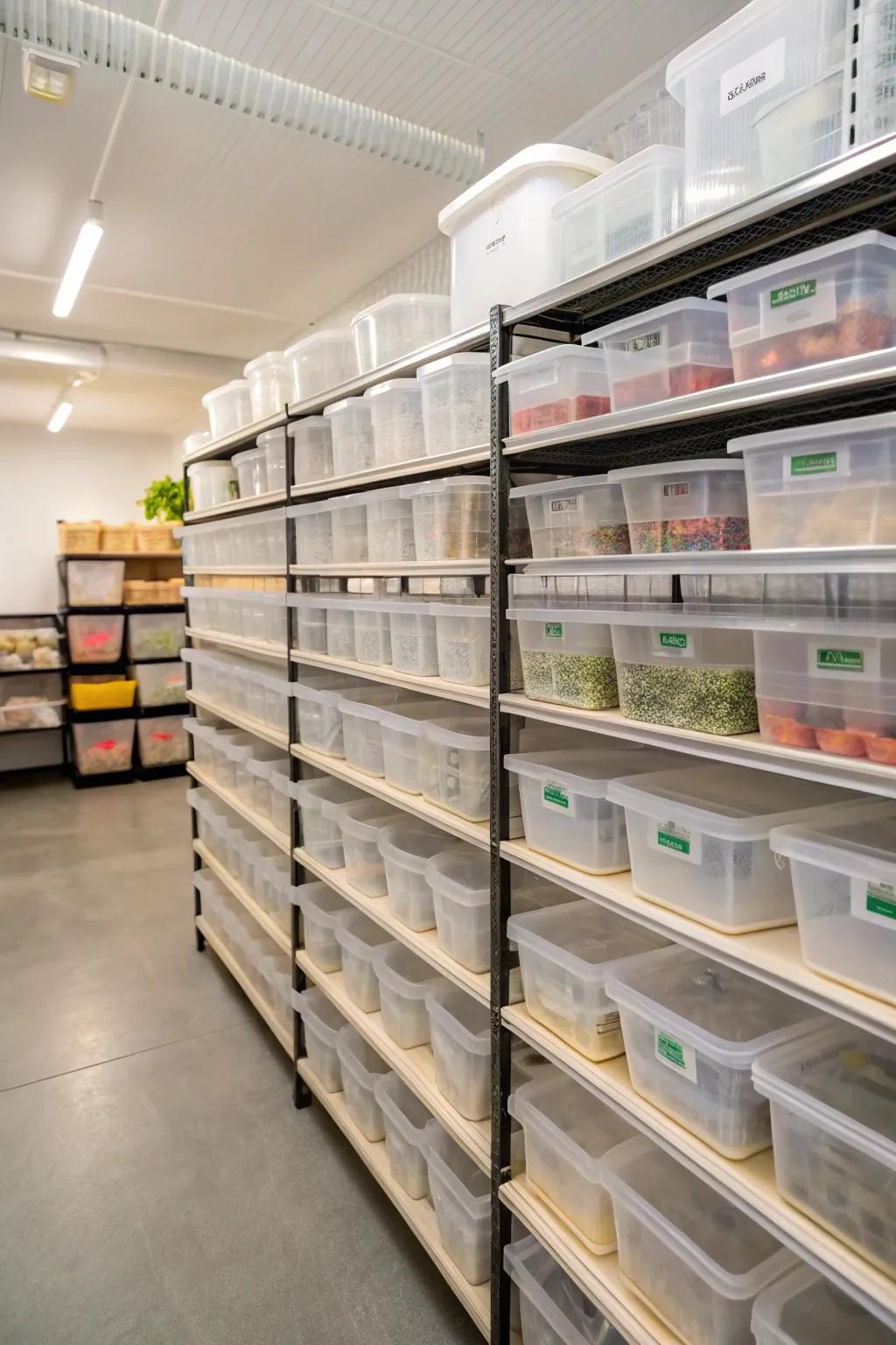 Clear containers provide easy visibility of stored items.