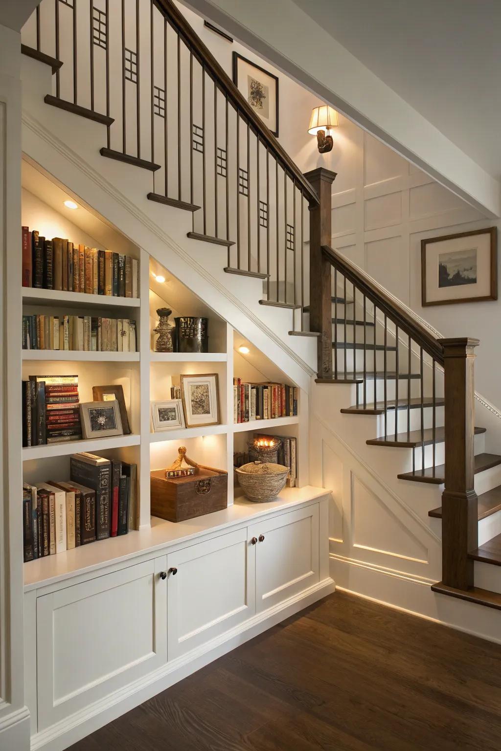 Optimize your staircase's potential with integrated storage solutions.