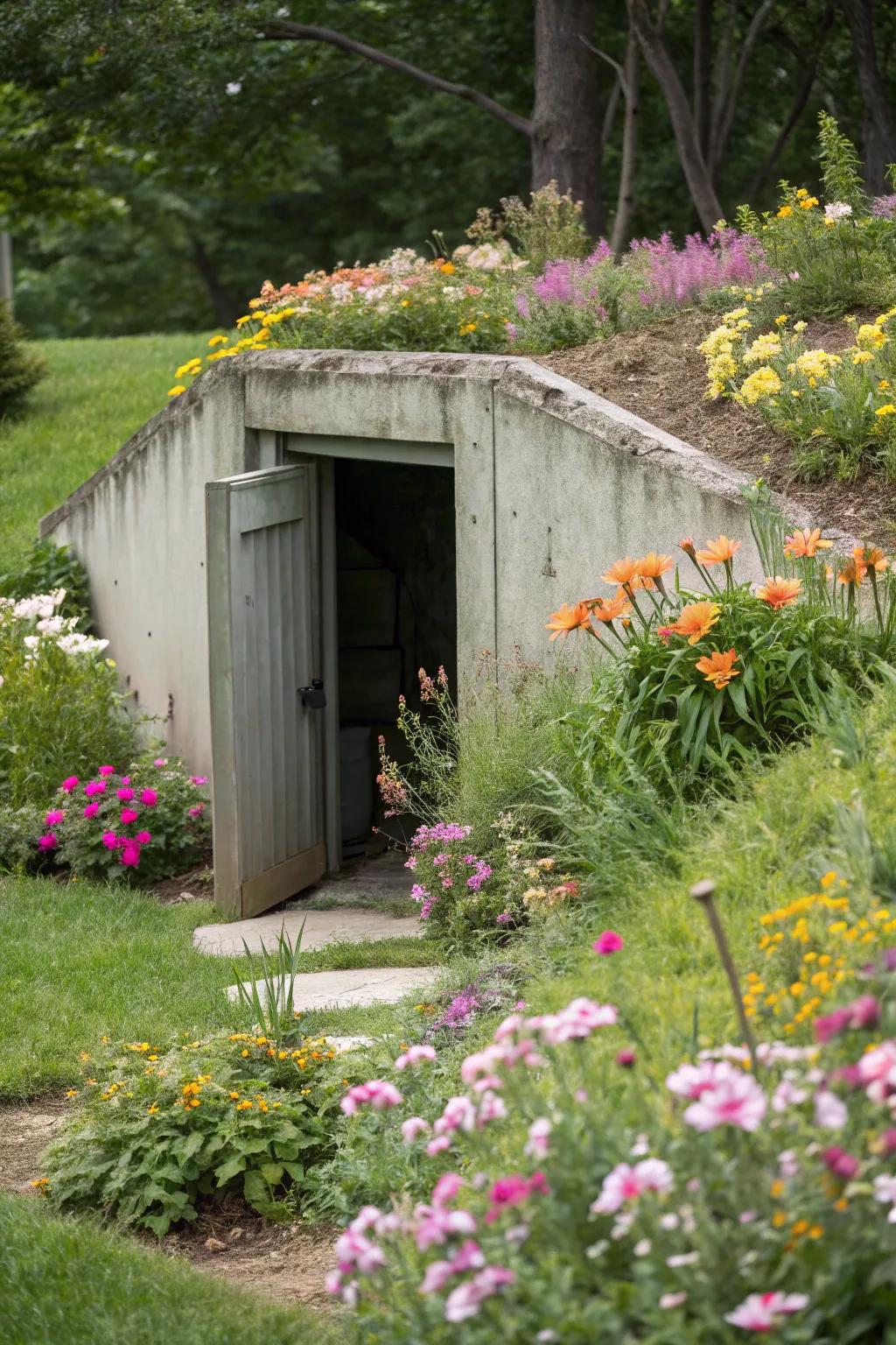 Radiant blossoms turn the shelter into a vibrant point of interest.