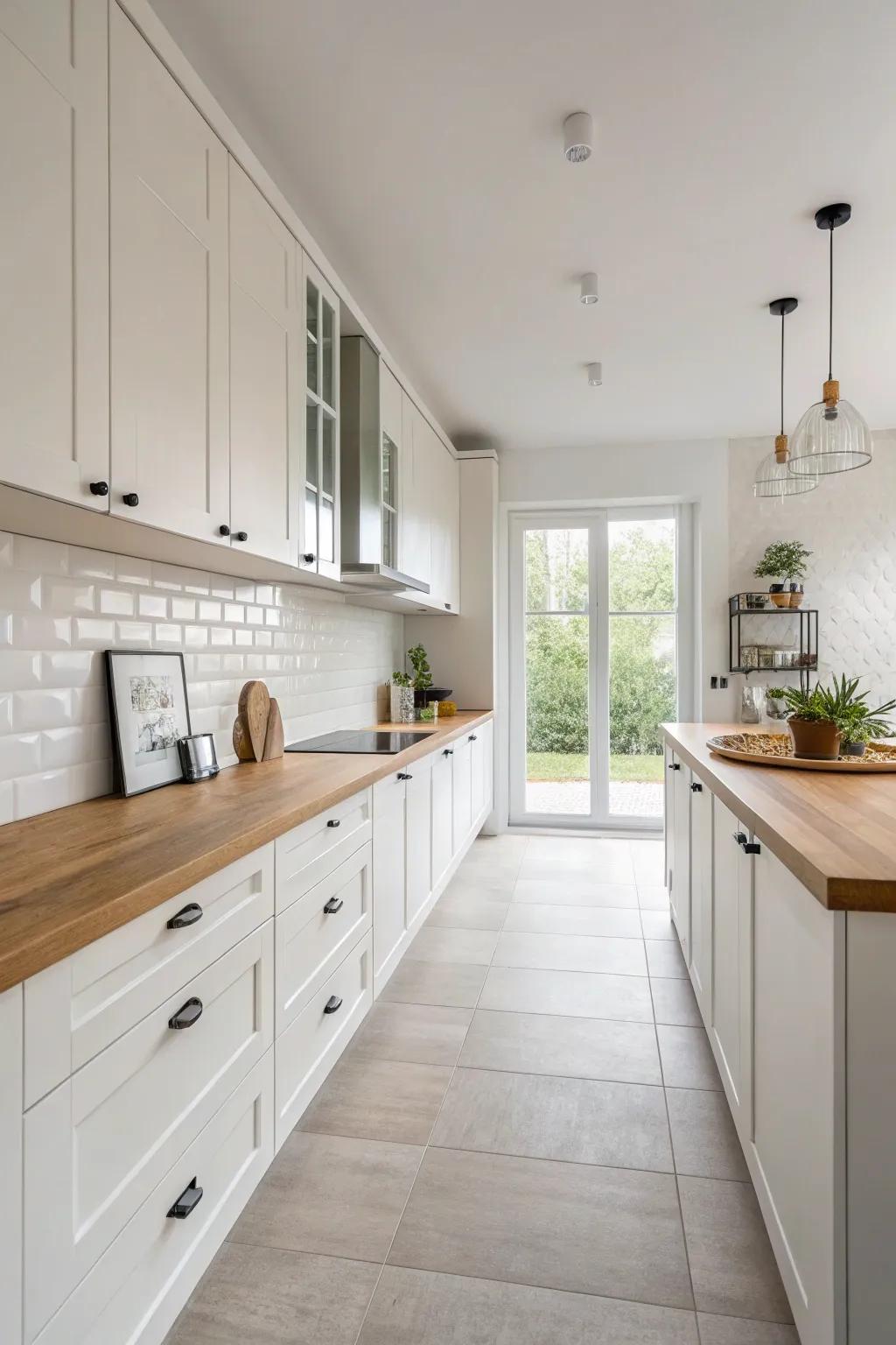 A minimalist design maximizes space and fosters a calm cooking atmosphere.