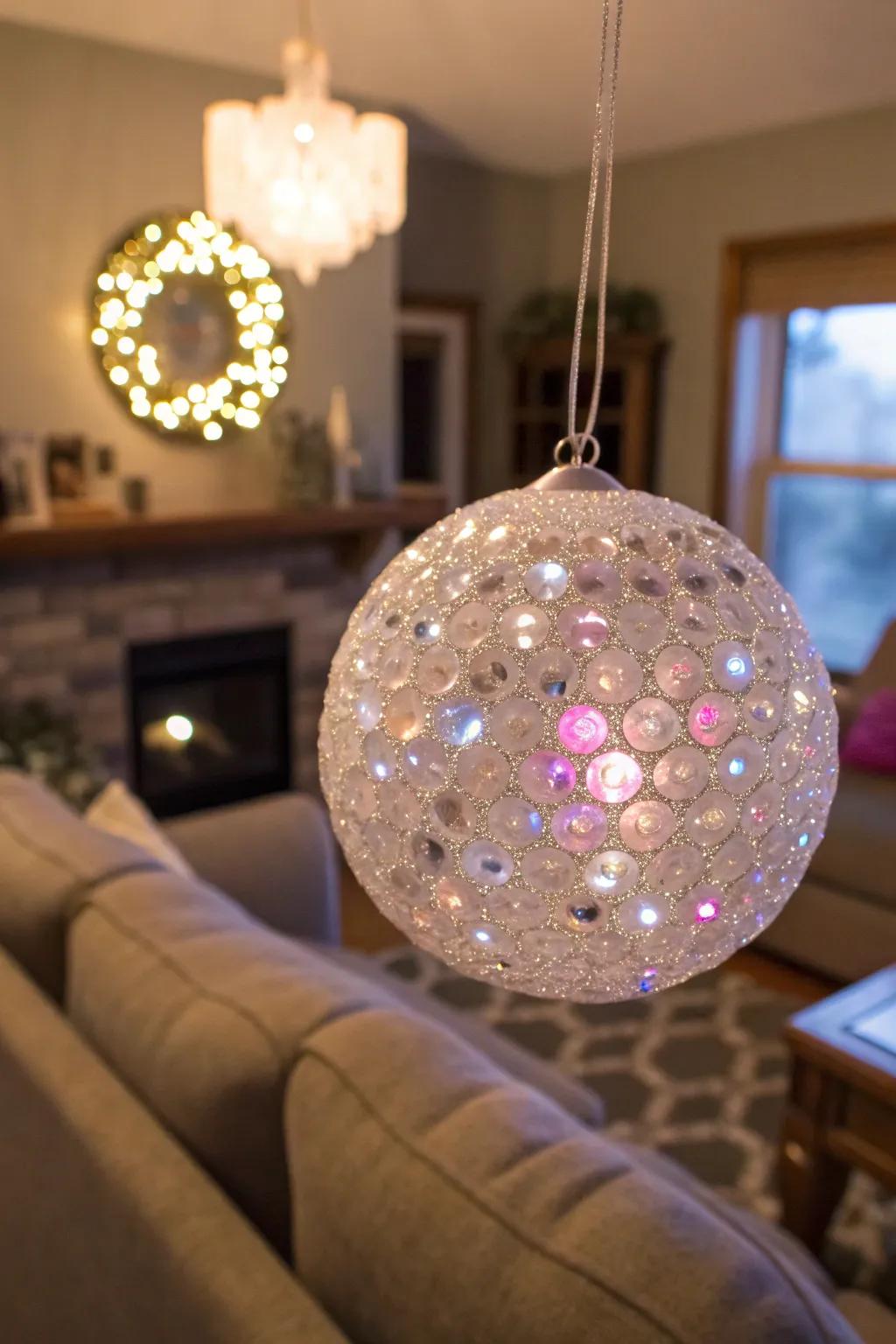 Sequin-covered ornaments add a touch of glamour.