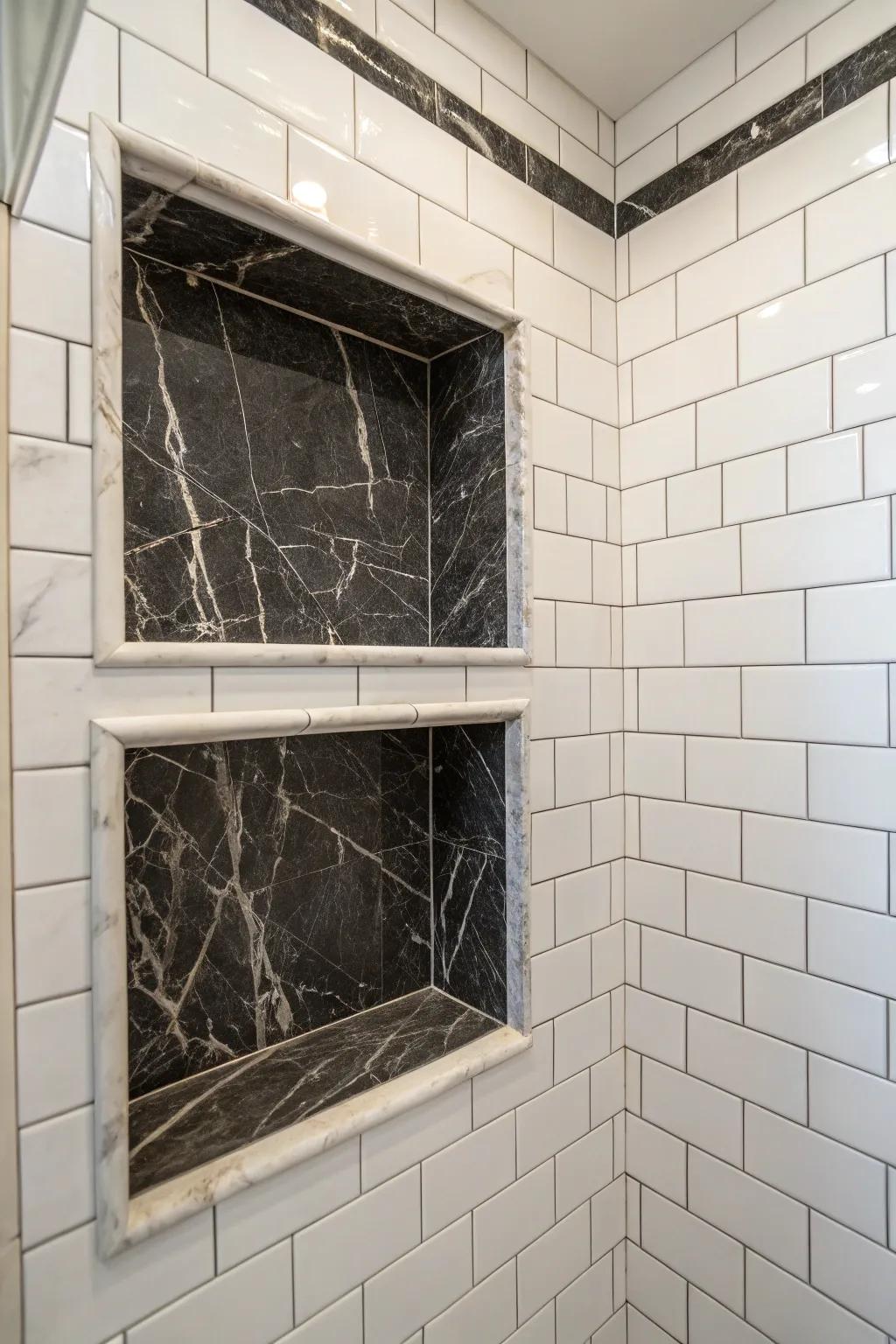 An exquisite niche showcasing a harmonious blend of contrasting marble tiles.