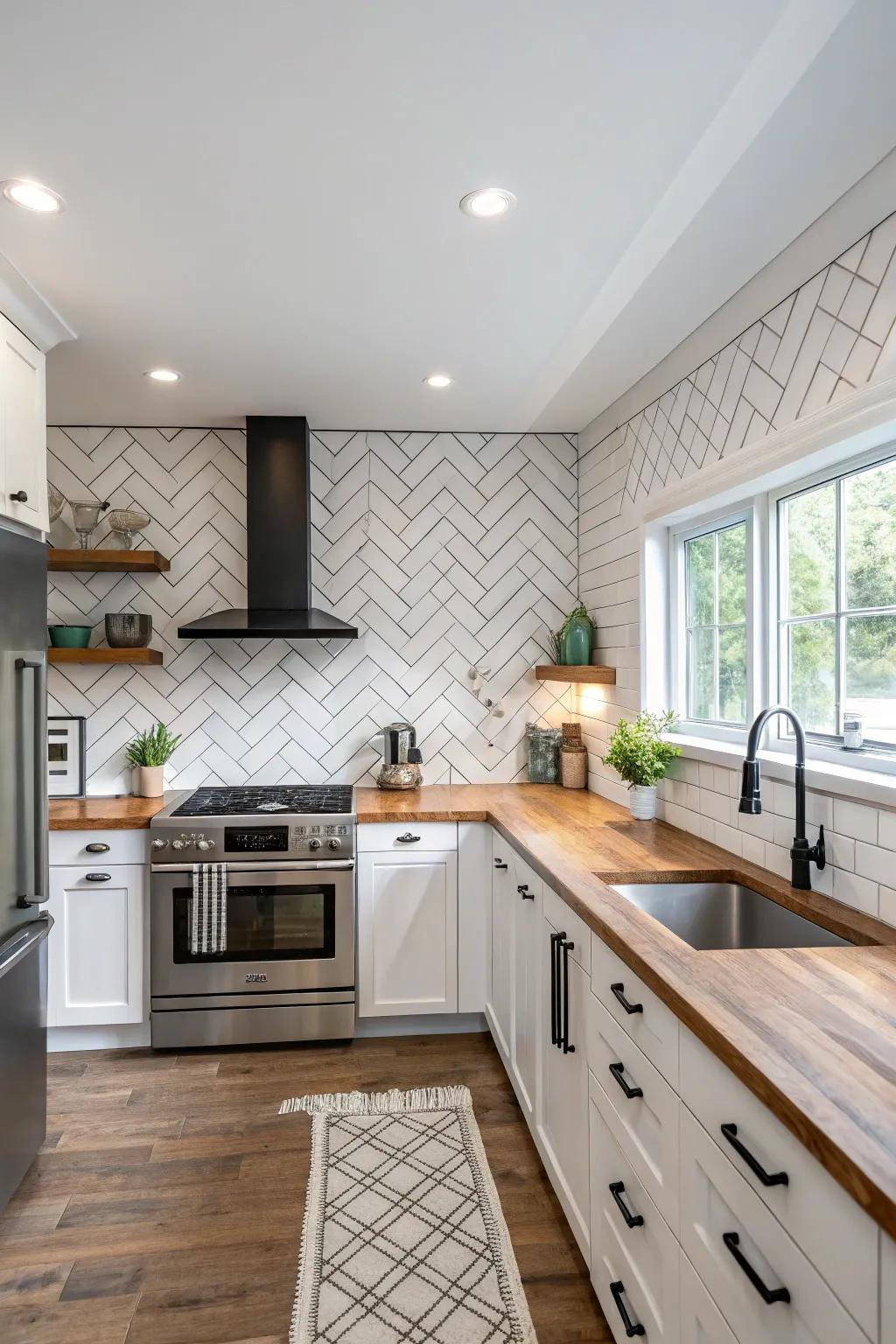 A herringbone arrangement imparts refinement and panache to this cooking space.