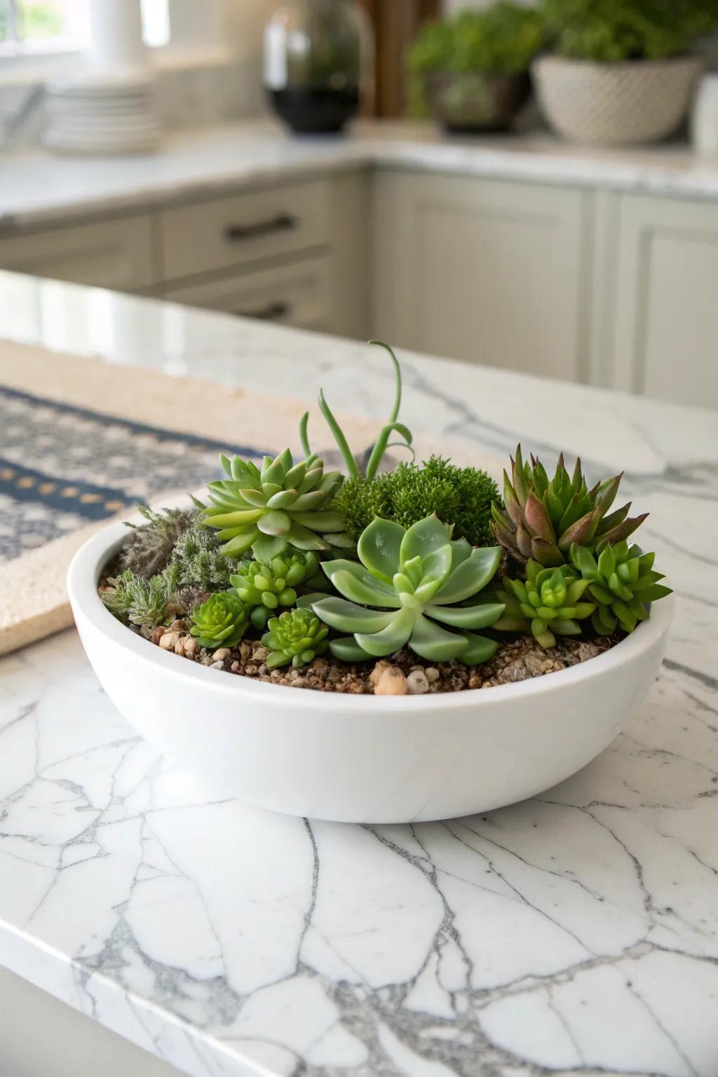 A contemporary succulent dish garden in a minimalist pottery bowl.