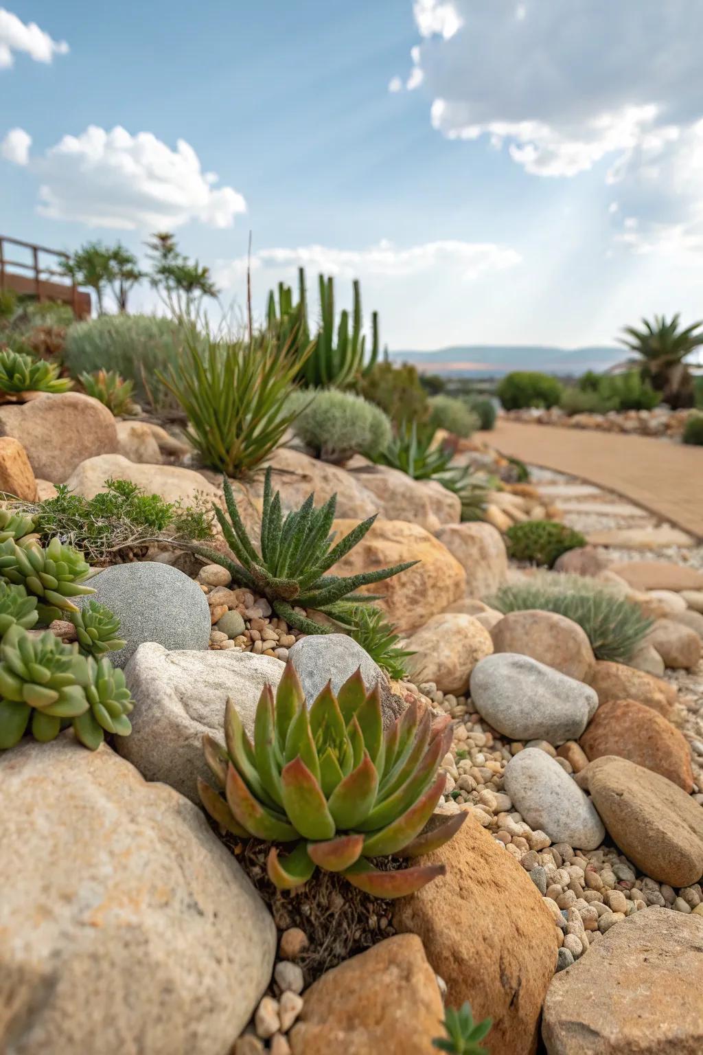 A natural rock garden featuring succulents nestled amidst stones and pebbles.