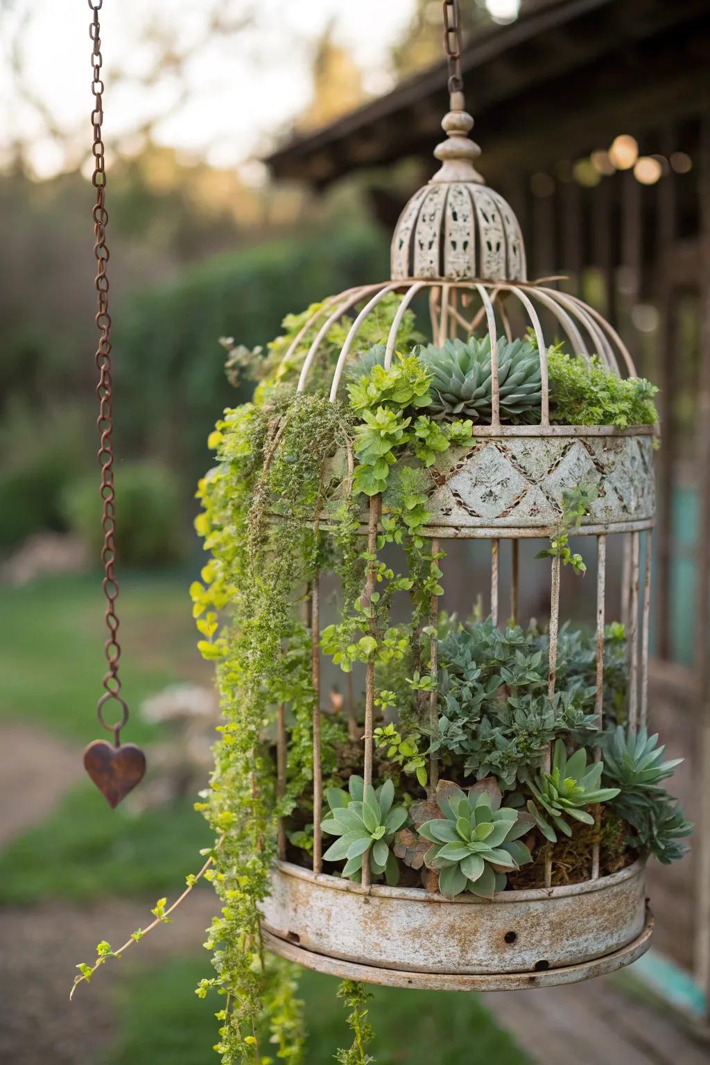 A quirky birdcage display enhances charm and intrigue.