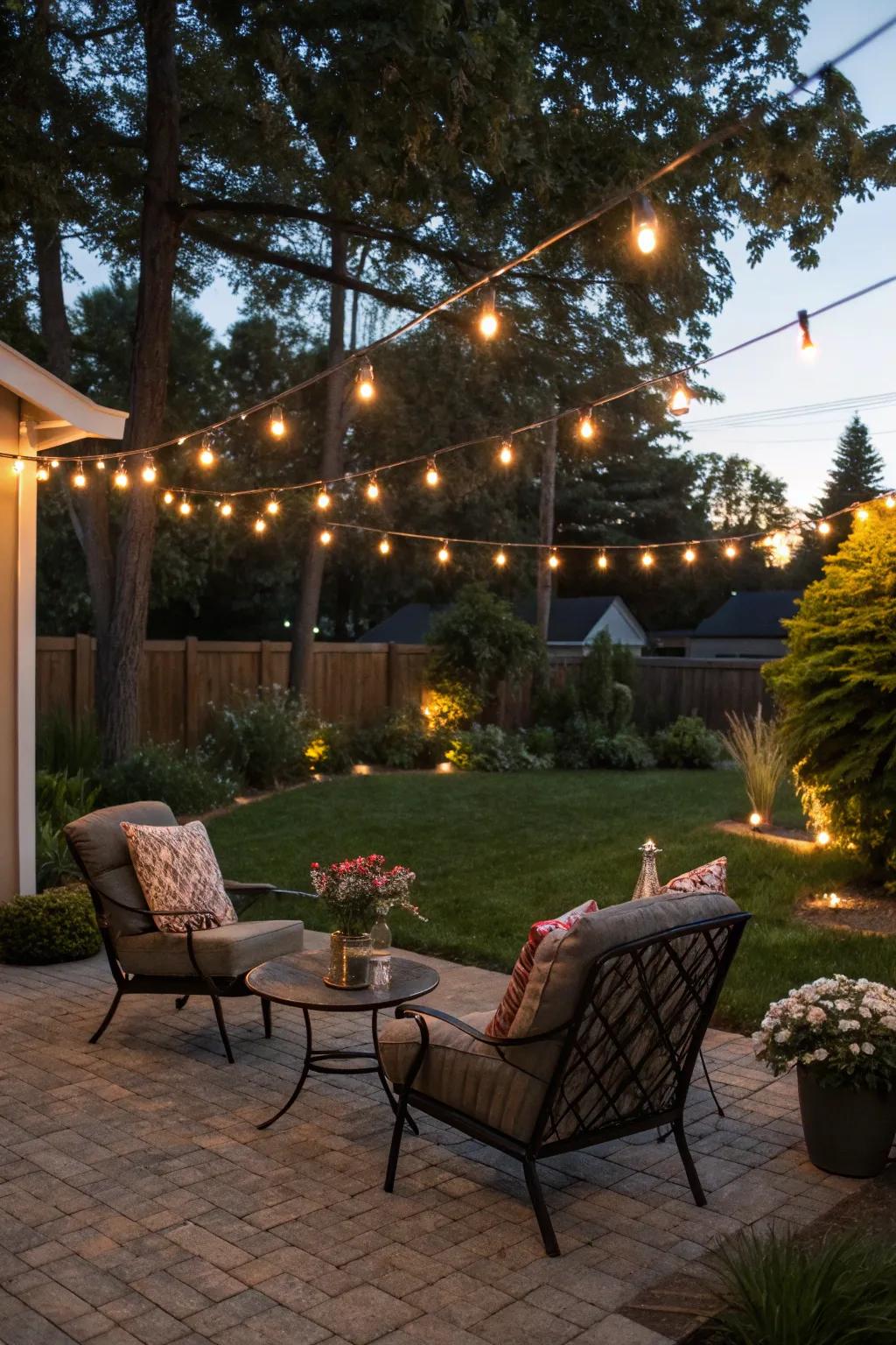 Brighten your backyard with the captivating glow of string lights.
