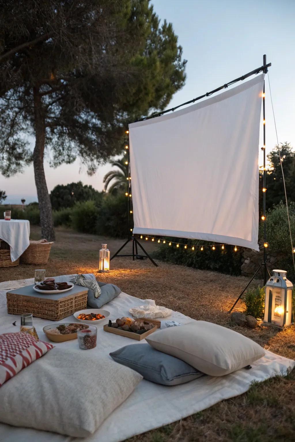 A charming outdoor movie night scene.