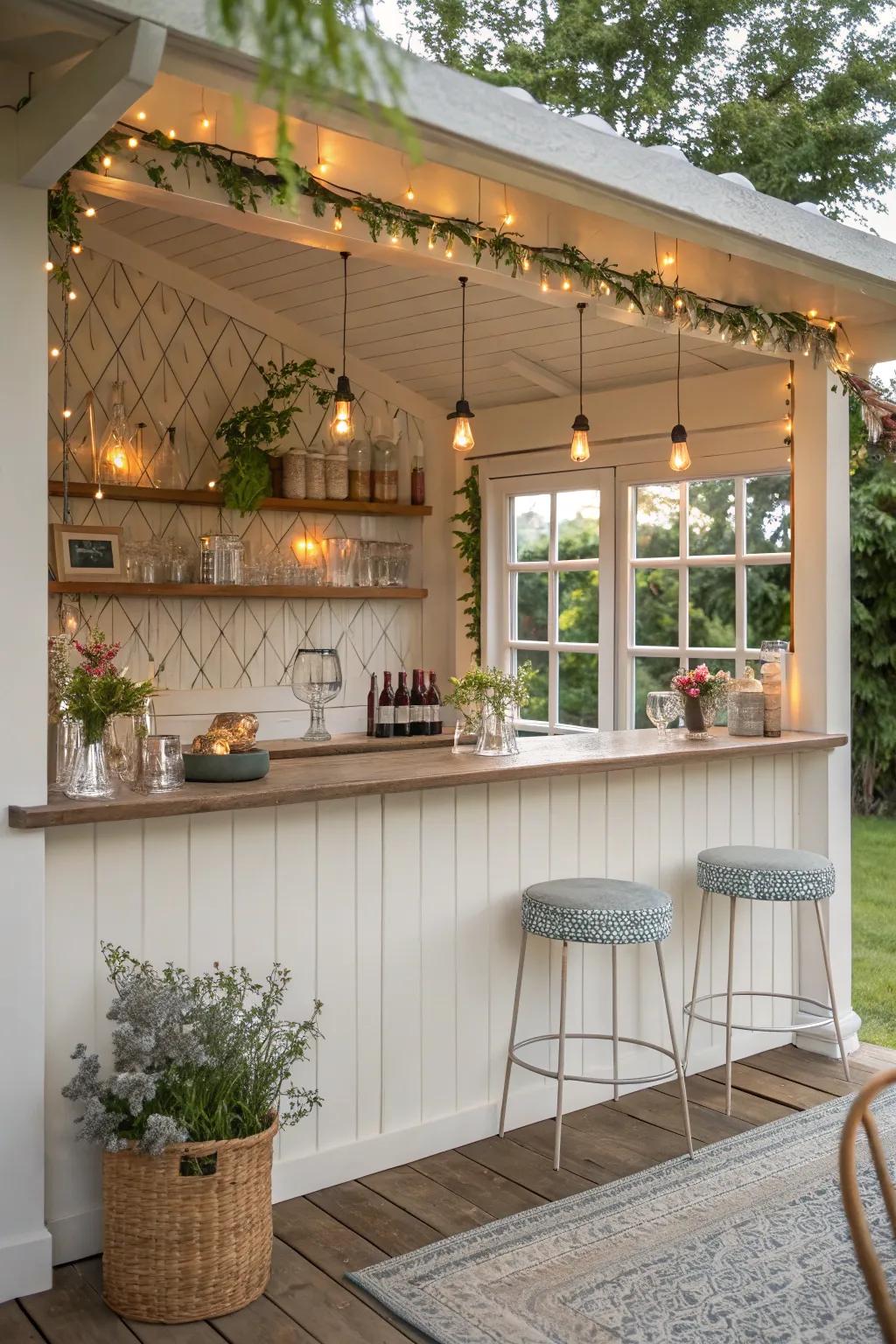 A chic small bar with wall-mounted shelves, perfect for limited spaces.