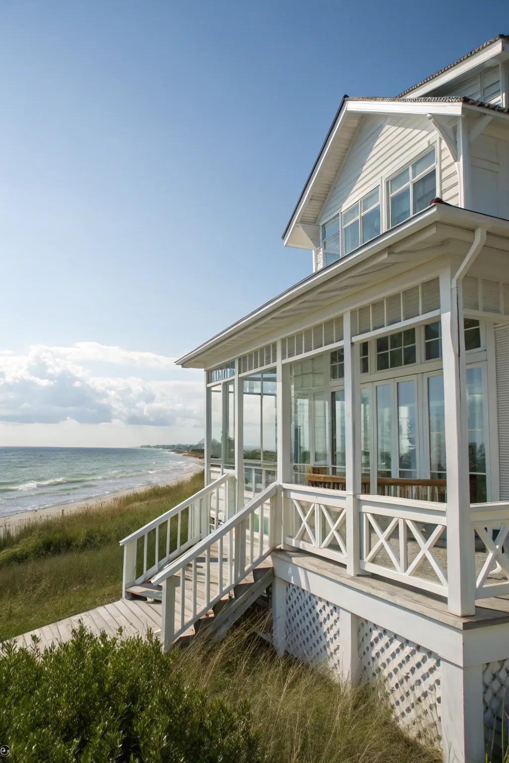 A coastal white summer house provides a refreshing beach atmosphere.