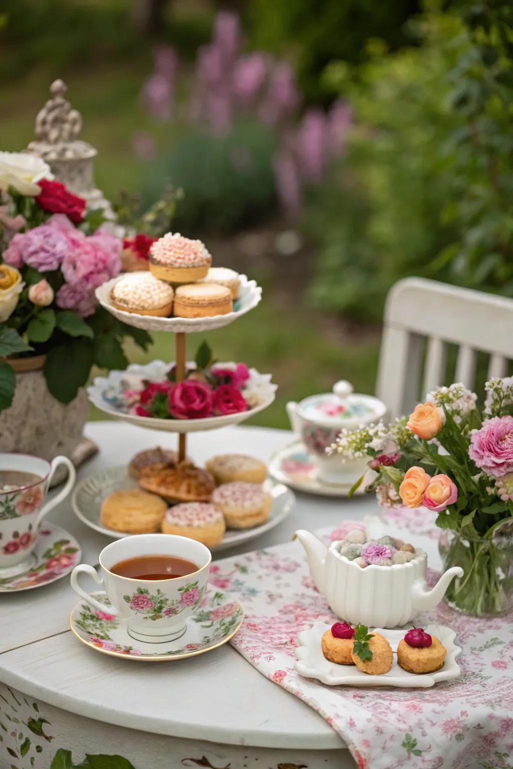 A sophisticated garden social setup filled with vintage charm.