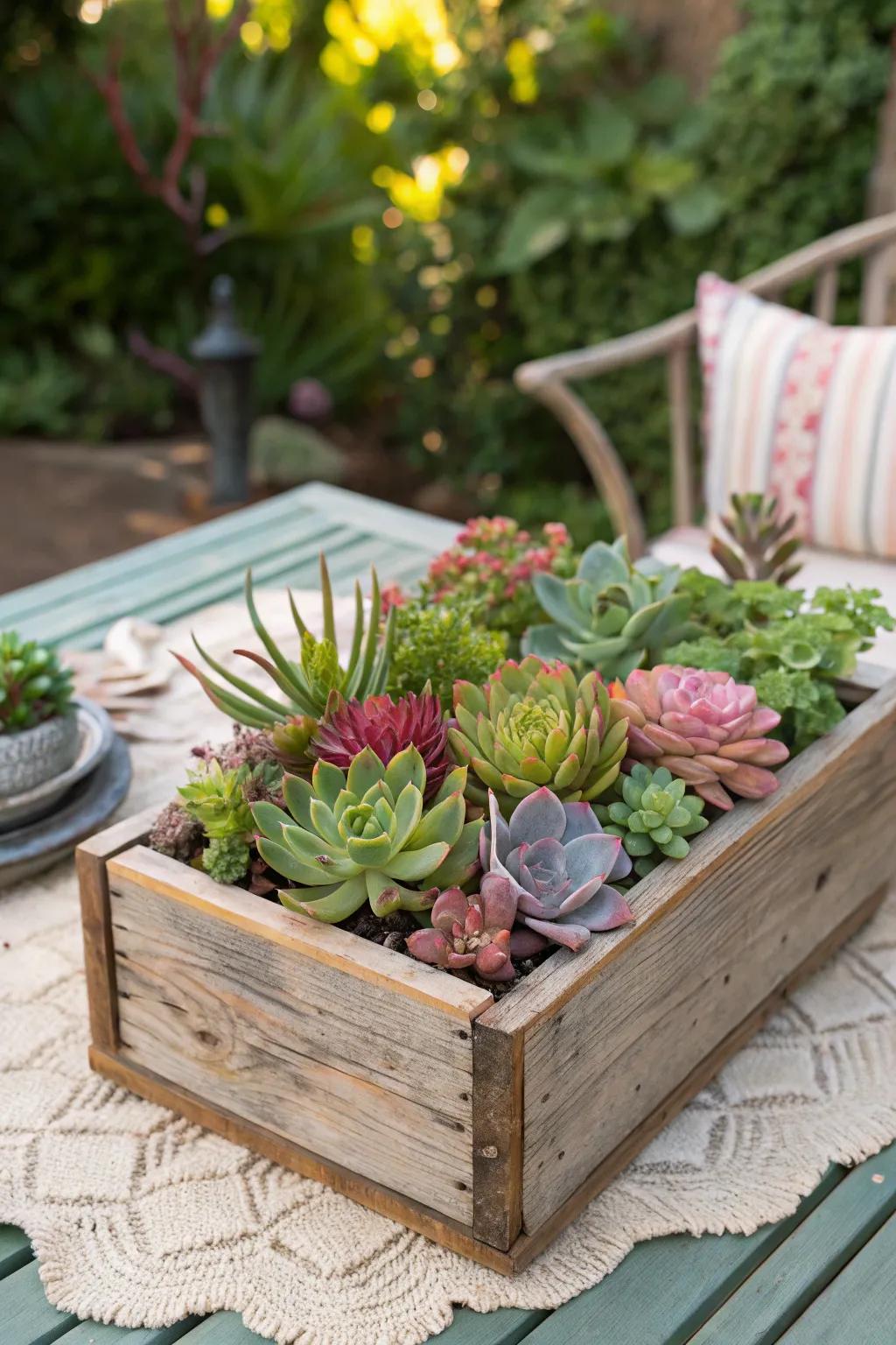 Vibrant succulents showcased in a rustic wooden box