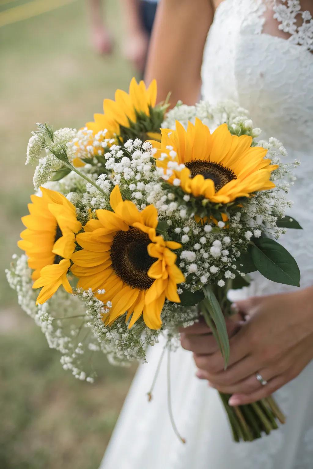 A stunning bridal bouquet with daisies and pixie grass.