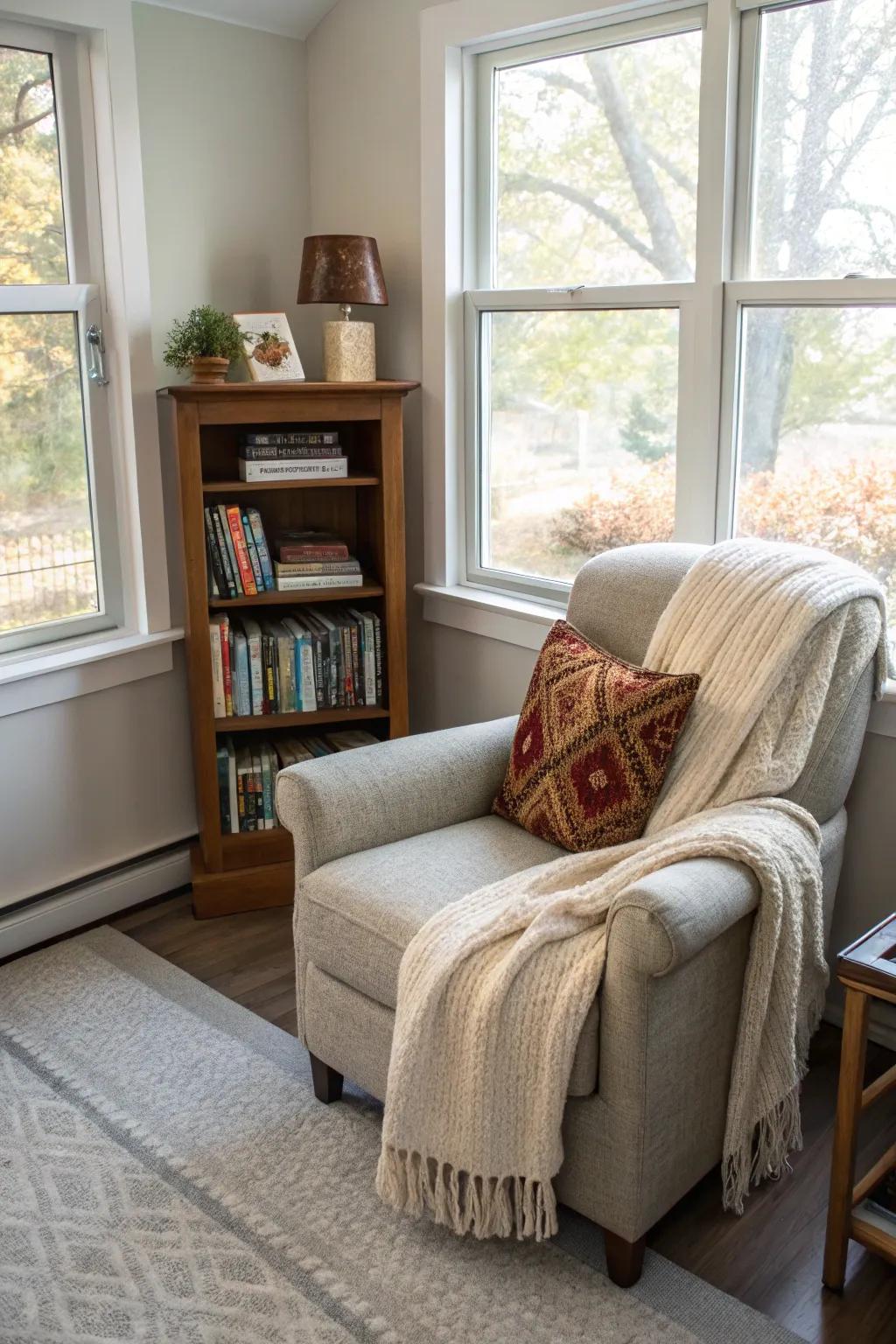 A cozy reading nook nestled in the corner of a sunroom.