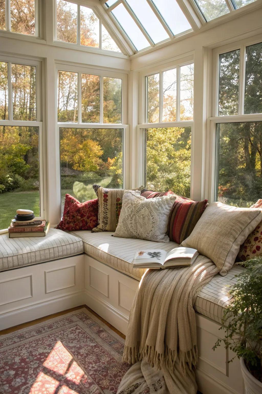 Angled windows transform your sunroom into an inviting reading nook.