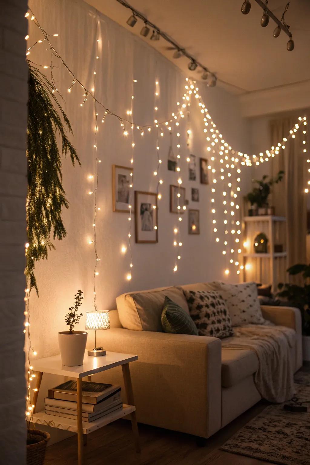 A snug room brightened by sparkling twinkle lights.